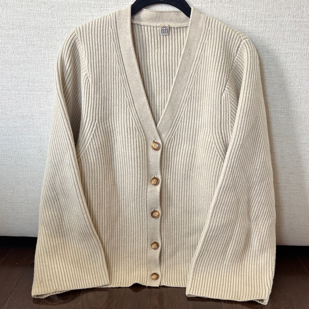 Toteme Beige Ribbed V-Neck Button Cardigan